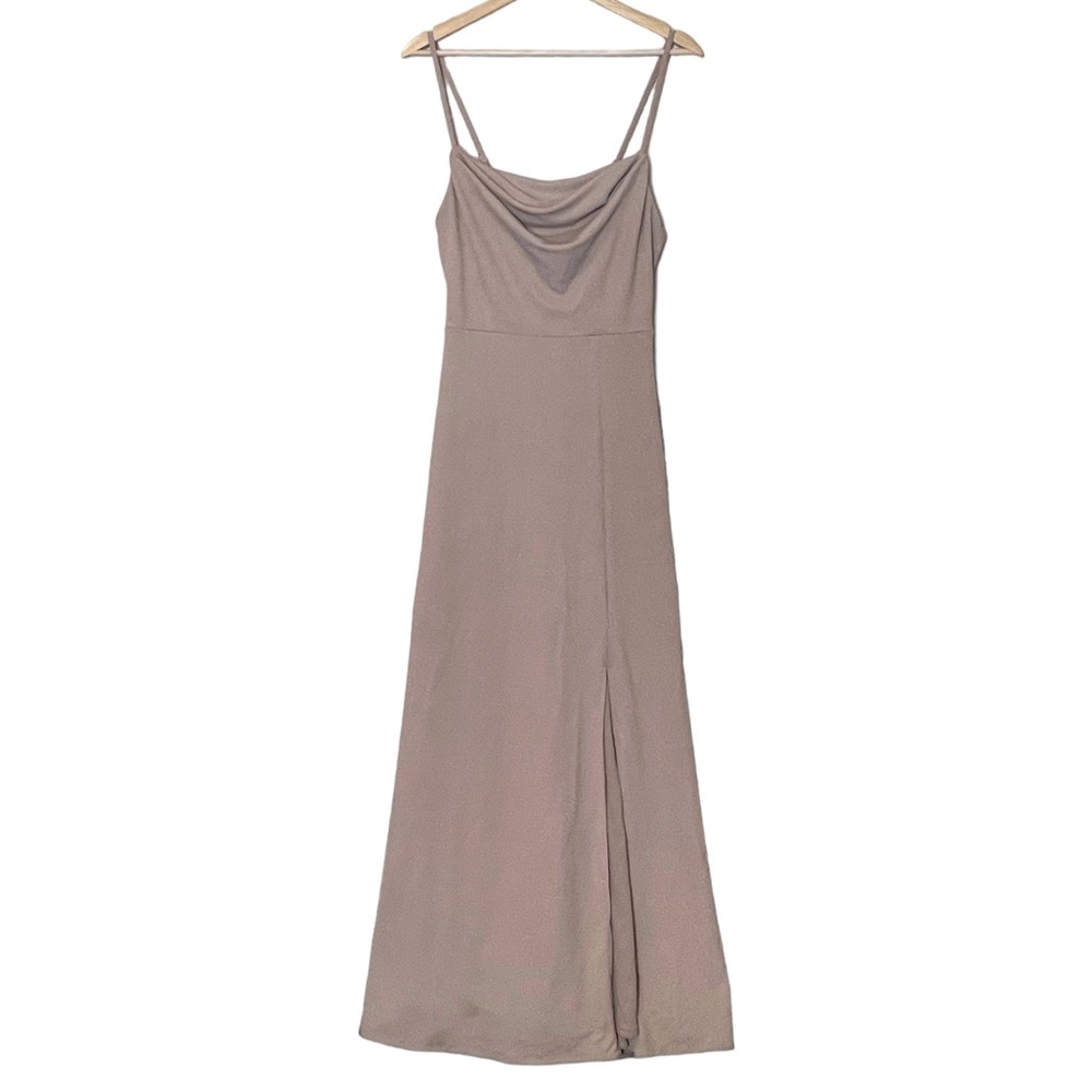 Birdy Grey Dusty Pink Bridesmaid Maxi Dress Side Slit Size S Drapey Front Formal